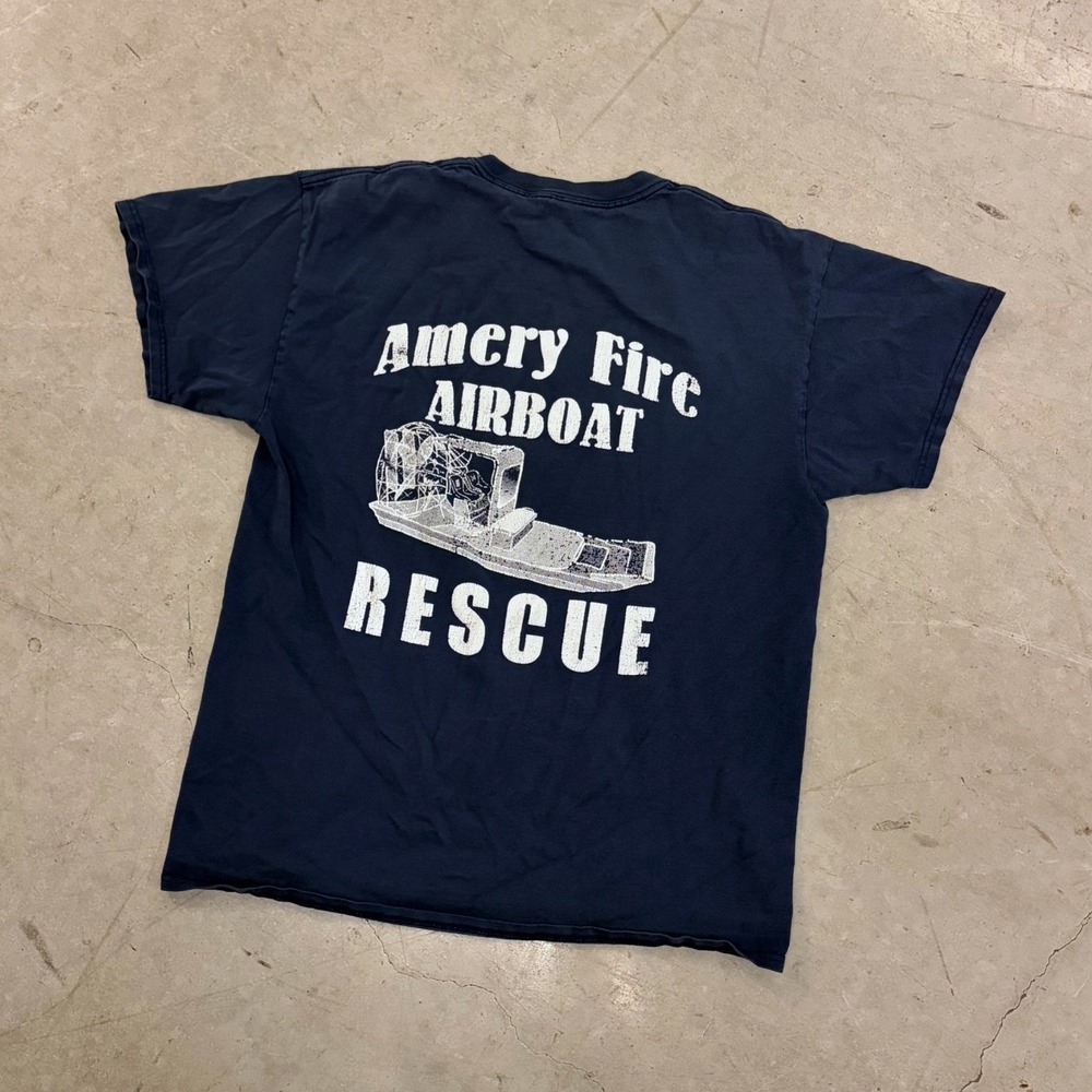 Gildan Amery Fire Dept Airboat Rescue T-Shirt Navy Blue Mens Large Cotton